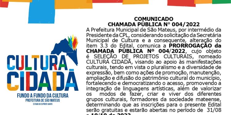 Mais apoio ao artista da terra: Prefeitura de São Mateus prorroga até dia 10 edital que totaliza R$ 260 mil para 26 projetos